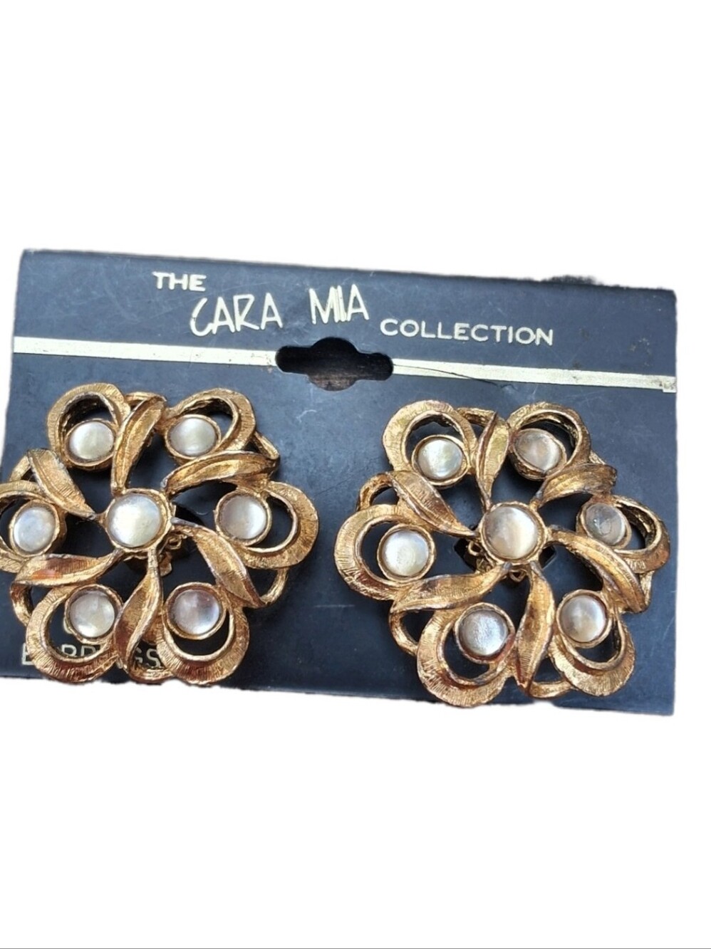 Vintage Cara Mia Gold Tone Faux Moonstone Swirl Clip On Earrings NOS NWT